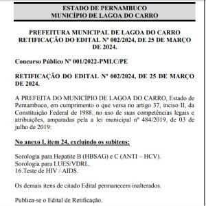 Denúncia da Gestos leva à anulação de exigência de sorologia para HIV no edital de concurso de Lagoa do Carro